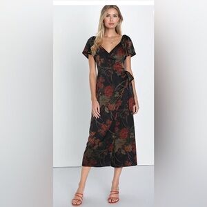 Lulu's Black and Red Floral Midi Wrap Dress